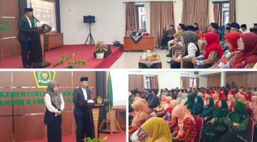 Dr. H. Saepulloh menyampaikan pesan dalam acara Paturay Tineung menjelang perpindahan tugas dari Kepala Kemenag Garut ke Kemenag Kuningan. Jumat, (21/8/2026)