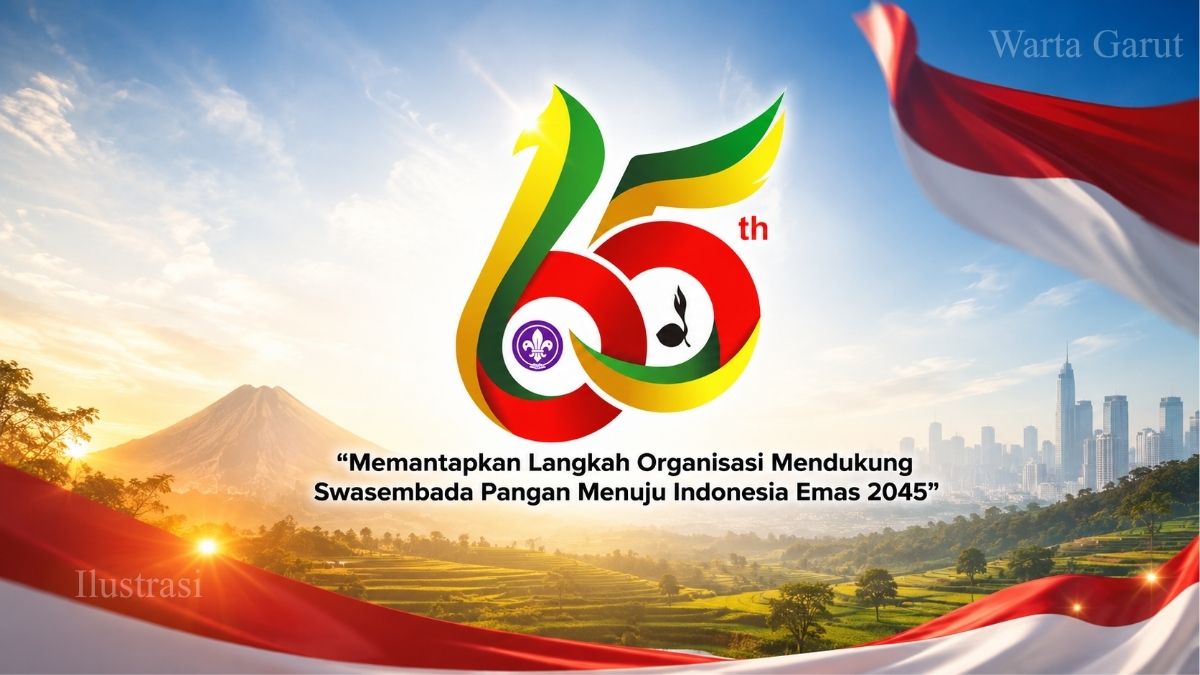 Logo Hari Pramuka ke-65 tahun 2026 dengan tema “Memantapkan Langkah Organisasi Mendukung Swasembada Pangan Menuju Indonesia Emas 2045”.