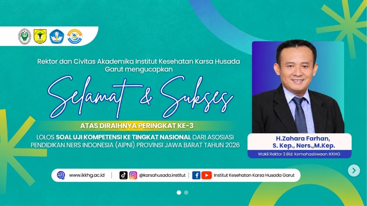 H. Zahara Farhan, S.Kep., Ners., M.Kep., Wakil Rektor III Bidang Kemahasiswaan Institut Kesehatan Karsa Husada Garut, meraih peringkat ke-3 dan lolos ke tingkat nasional dalam seleksi AIPNI Provinsi Jawa Barat tahun 2026. Garut, 2026.