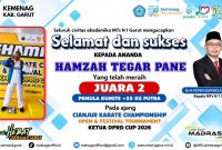 Hamzah Tegar Pane, siswa MTsN 1 Garut, meraih Juara 2 Pemula Kumite +55 Kg Putra pada Cianjur Karate Championship Open & Festival Tournament Ketua DPRD Cup 2026.