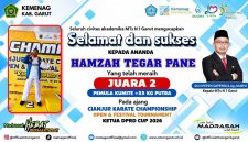 Hamzah Tegar Pane, siswa MTsN 1 Garut, meraih Juara 2 Pemula Kumite +55 Kg Putra pada Cianjur Karate Championship Open & Festival Tournament Ketua DPRD Cup 2026.