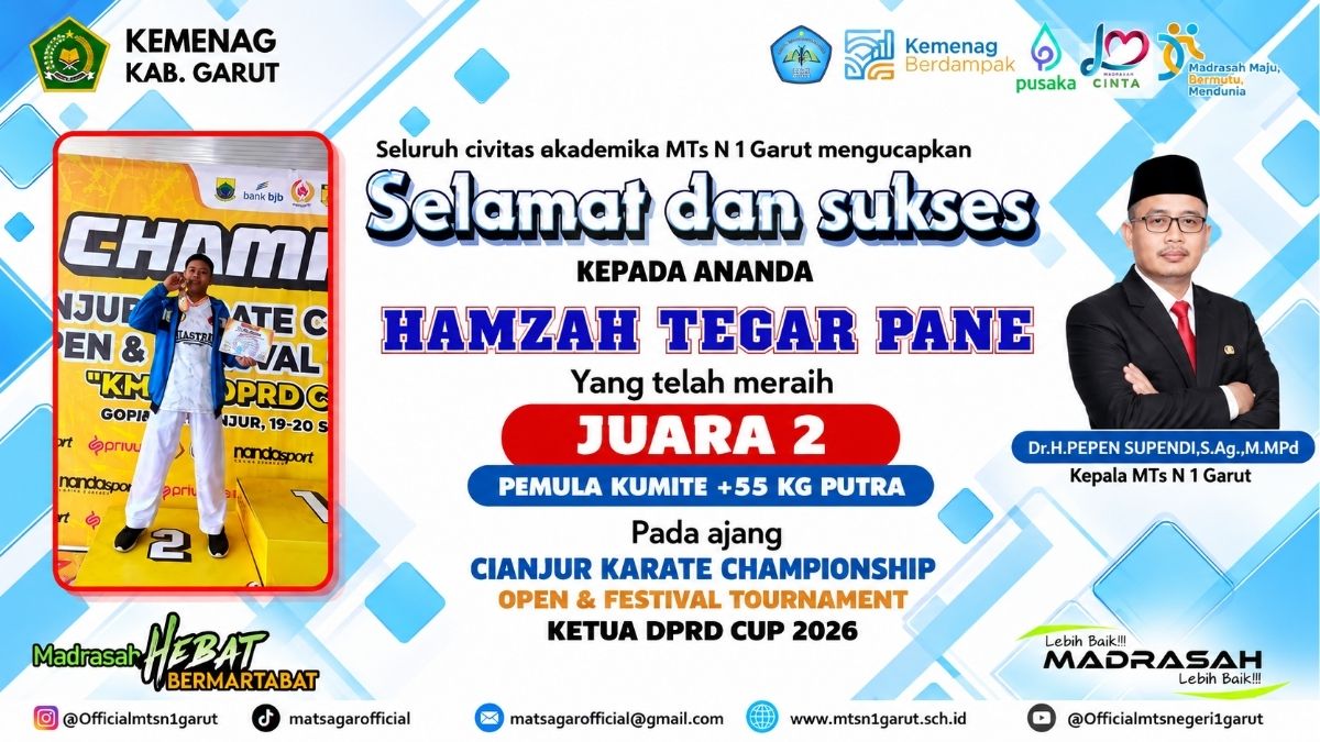 Hamzah Tegar Pane, siswa MTsN 1 Garut, meraih Juara 2 Pemula Kumite +55 Kg Putra pada Cianjur Karate Championship Open & Festival Tournament Ketua DPRD Cup 2026.