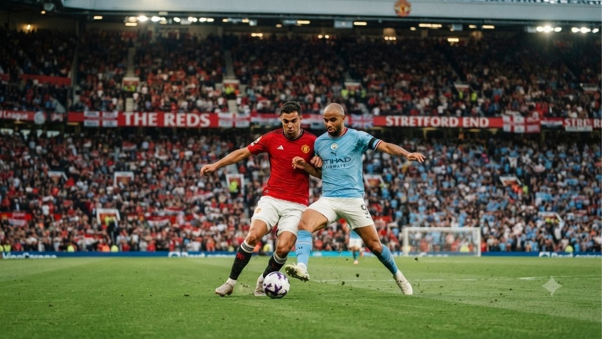 Ilustrasi pertandingan Manchester United vs Manchester City dan perubahan posisi kedua klub dalam klasemen Premier League 2026/2027