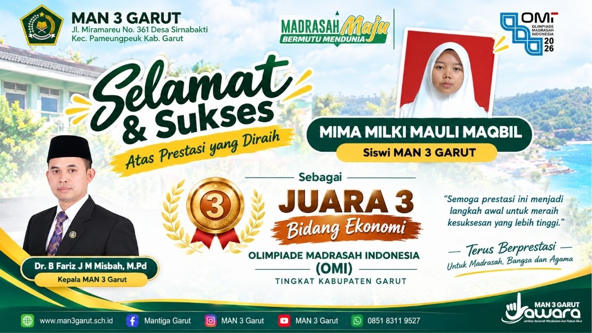 Mima Milki Mauli Maqbil, siswi MAN 3 Garut, meraih Juara 3 bidang Ekonomi pada OMI Kemenag 2026 tingkat Kabupaten Garut.