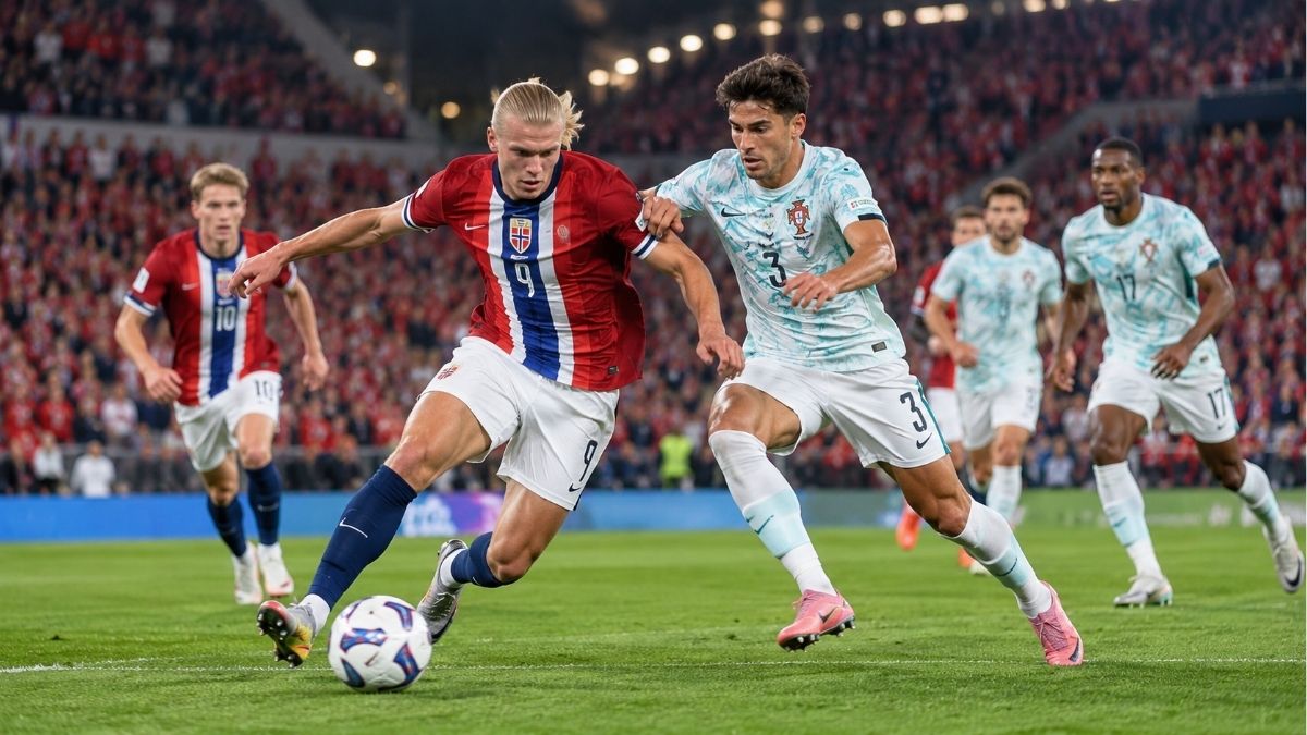 Pemain Norwegia dan Portugal berduel dalam pertandingan UEFA Nations League 2026/2027 di Ullevaal Stadion, Oslo, Minggu (27/9/2026) waktu setempat (ilustrasi Warta Garut)