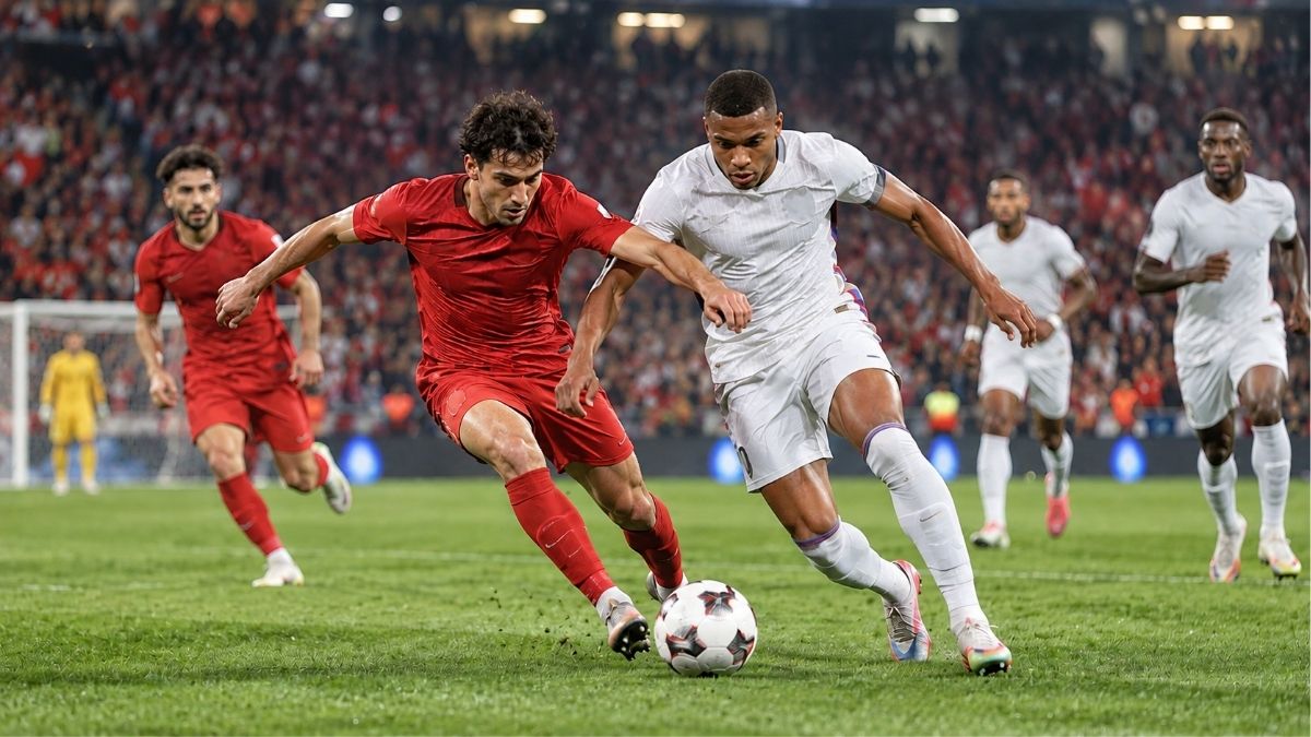 Ilustrasi pertandingan Turki vs Prancis dalam UEFA Nations League 2026/2027 setelah Prancis menang 1-0 melalui gol Kylian Mbappe