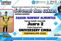 Fakhri Nawwaf Al-Mumtaz, murid MTsN 1 Garut yang berhasil meraih Juara 2 pada Kejuaraan Universery Cimba Tasikmalaya 2026.