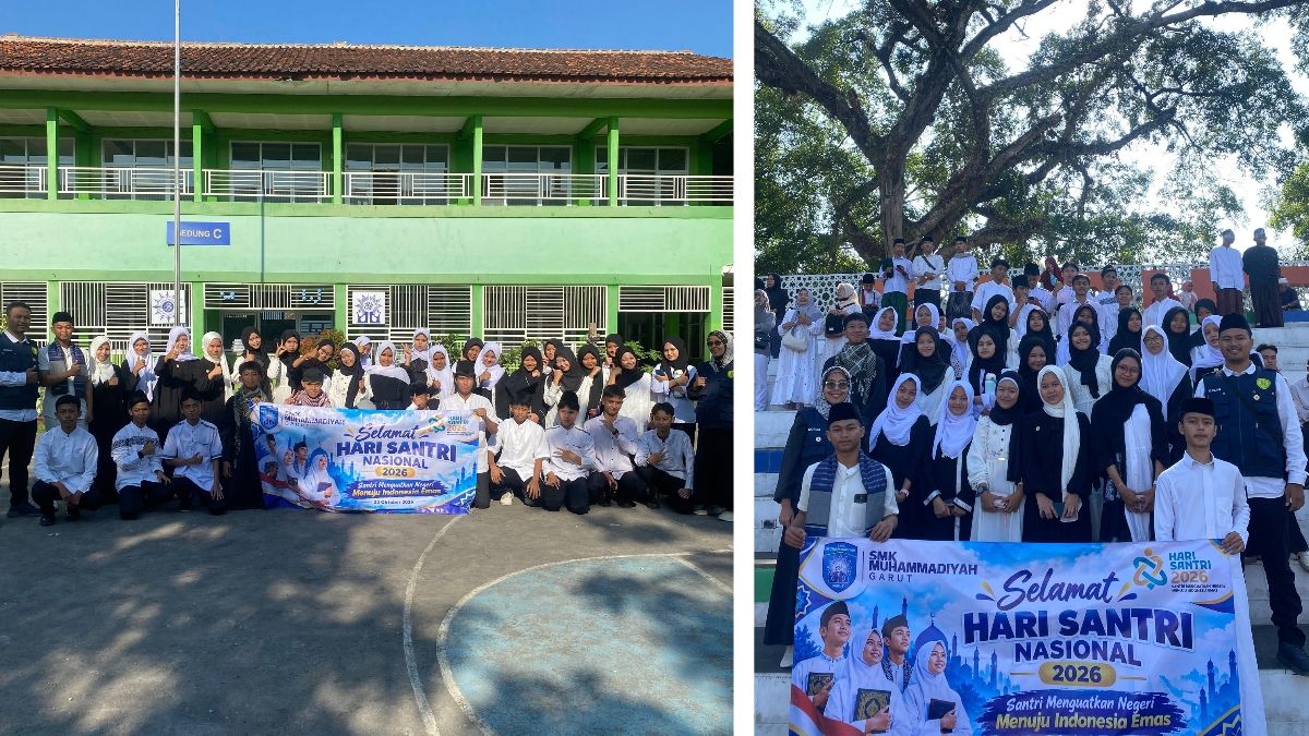 Murid SMK Muhammadiyah Garut mengikuti upacara Hari Santri Nasional tingkat Kabupaten Garut, Kamis, 22 Oktober 2026.