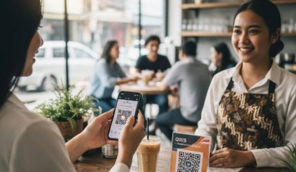 Konsumen menggunakan ponsel untuk pembayaran digital dengan uang tunai sebagai alternatif.