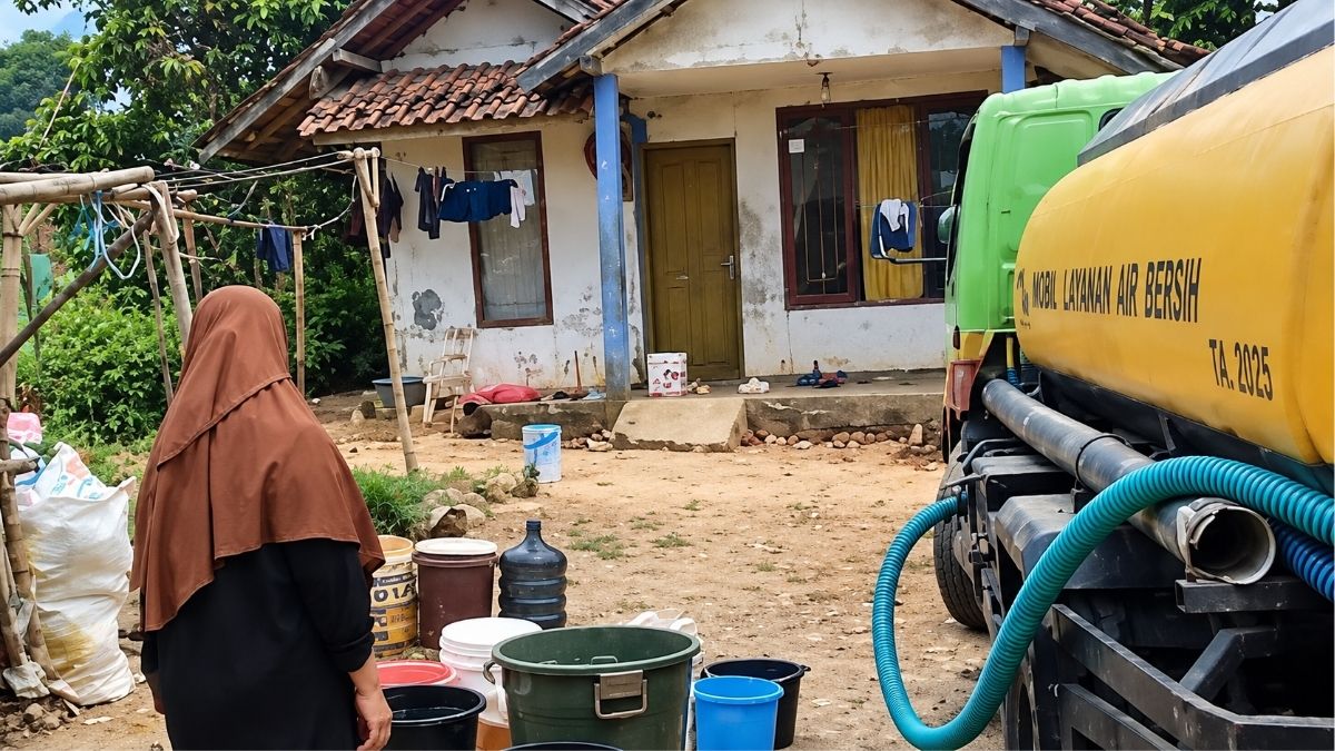 Perumda Air Minum Tirta Intan Garut menyalurkan bantuan air bersih kepada warga Kampung Simpang dan Kampung Cigugur, Desa Cipangramatan, Kecamatan Cikajang, Kamis (8/10/2026). Foto: koran fakta