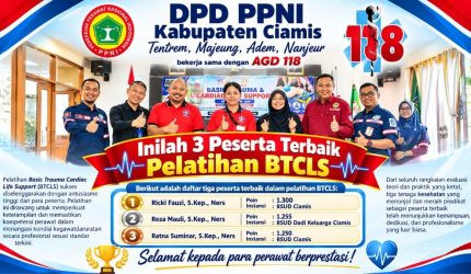 Tiga peserta terbaik Pelatihan BTCLS DPD PPNI Kabupaten Ciamis