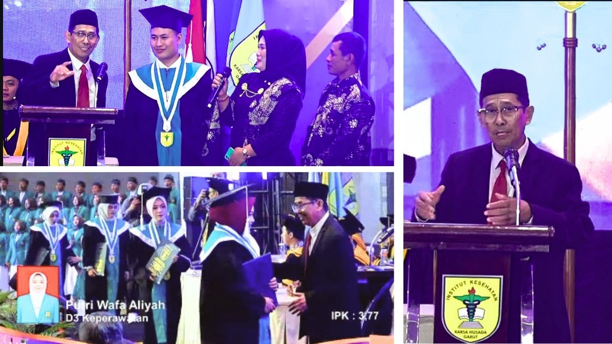 Ketua Pembina Yayasan Dharma Husada Insani Garut, Dr. H. Hadiat, M.A., menyampaikan sambutan dalam Wisuda ke-29 dan Angkat Sumpah lulusan IKKHG di Hotel Santika Garut, Rabu (14/10/2026).