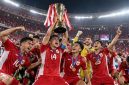 Timnas Indonesia merayakan kemenangan setelah menjadi juara FIFA ASEAN Cup 2026 di Stadion Utama Gelora Bung Karno, Jakarta, Senin (5/10/2026).