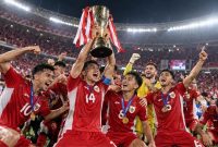 Timnas Indonesia merayakan kemenangan setelah menjadi juara FIFA ASEAN Cup 2026 di Stadion Utama Gelora Bung Karno, Jakarta, Senin (5/10/2026).