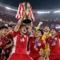 Timnas Indonesia merayakan kemenangan setelah menjadi juara FIFA ASEAN Cup 2026 di Stadion Utama Gelora Bung Karno, Jakarta, Senin (5/10/2026).