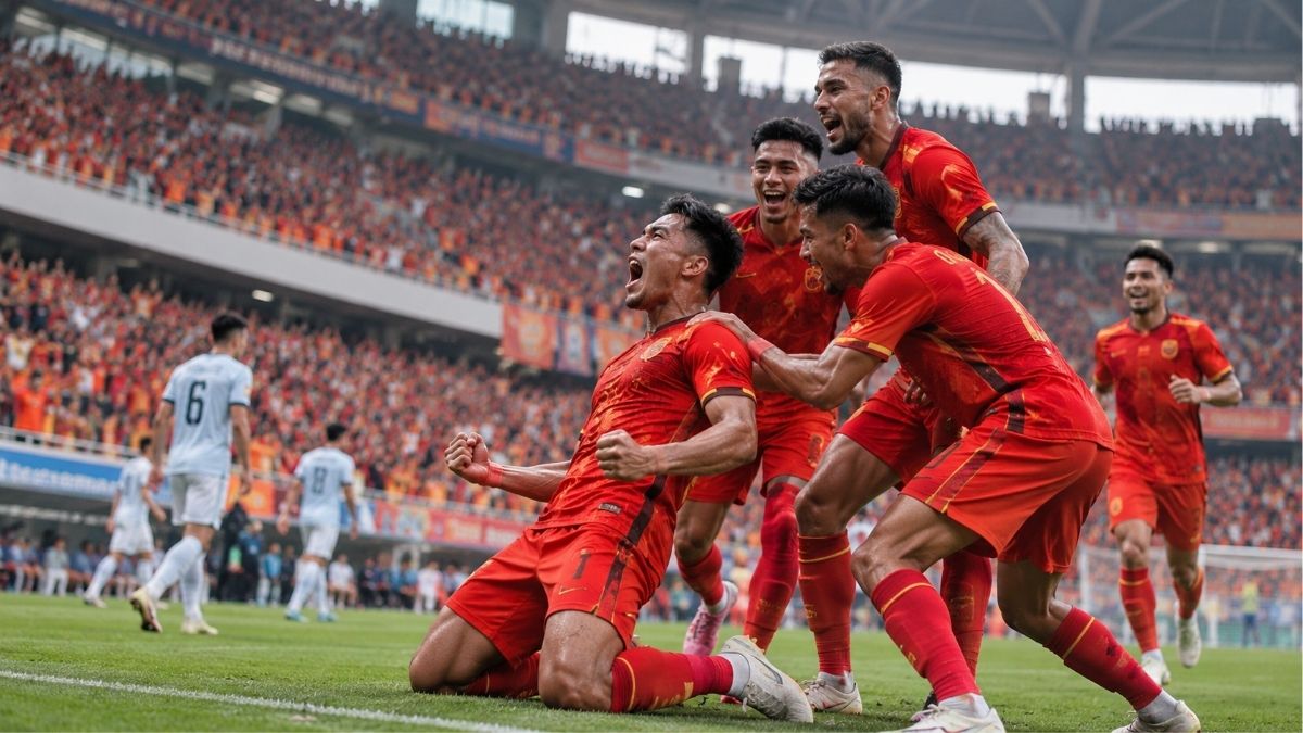 Ilustrasi selebrasi pemain Persija Jakarta dalam pertandingan sepak bola.