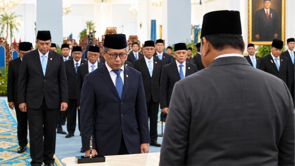 Rocky Gerung menandatangani berita acara setelah dilantik sebagai anggota Wantimpres di Istana Kepresidenan, Jakarta, Jumat (2/10/2026).( YouTube sekretariat presiden