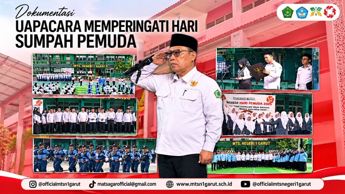 Kepala Kemenag Garut H. Hamzah Rukmana, S.Ag., M.A., menyampaikan sambutan dalam peringatan Hari Sumpah Pemuda di MTsN 1 Garut, 28 Oktober 2026.