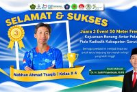 Nabhan Ahmad Tsaqib, murid kelas X-4 MAN 5 Garut, meraih juara 3 nomor 50 meter freestyle pada Kejuaraan Renang Antar Pelajar Piala Kadisdik Kabupaten Garut 2026.