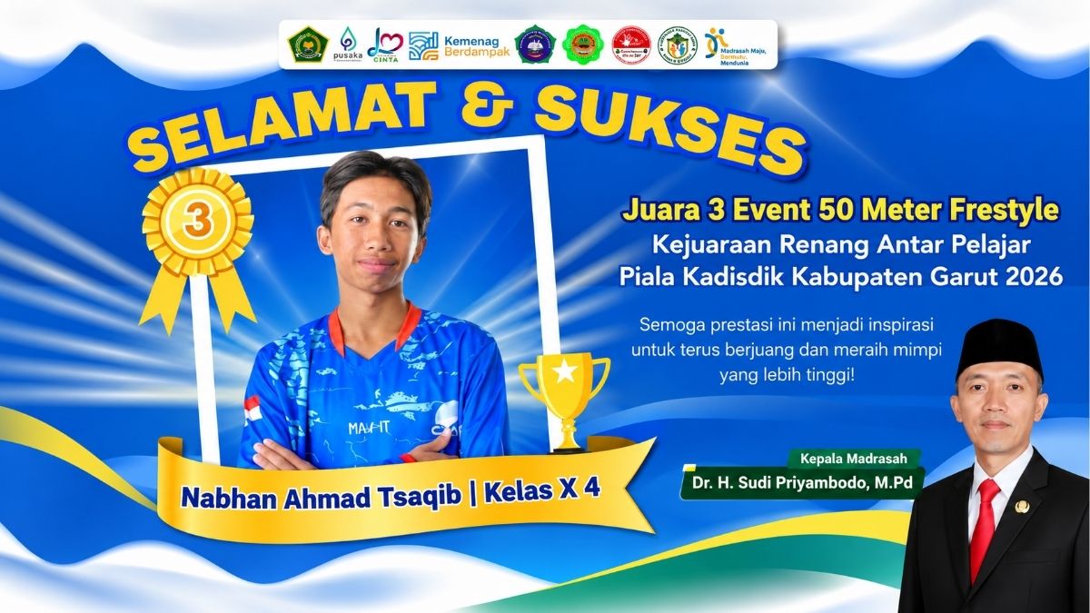 Nabhan Ahmad Tsaqib, murid kelas X-4 MAN 5 Garut, meraih juara 3 nomor 50 meter freestyle pada Kejuaraan Renang Antar Pelajar Piala Kadisdik Kabupaten Garut 2026.