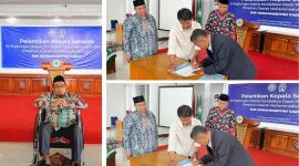 Ketua PDM Garut Dr. Agus Rahmat Nugraha menyampaikan amanah dalam pelantikan Iwan Jalaludin sebagai Kepala SMP Muhammadiyah Garut di Gedung Dakwah Muhammadiyah Garut, Jumat (23/10/2026).