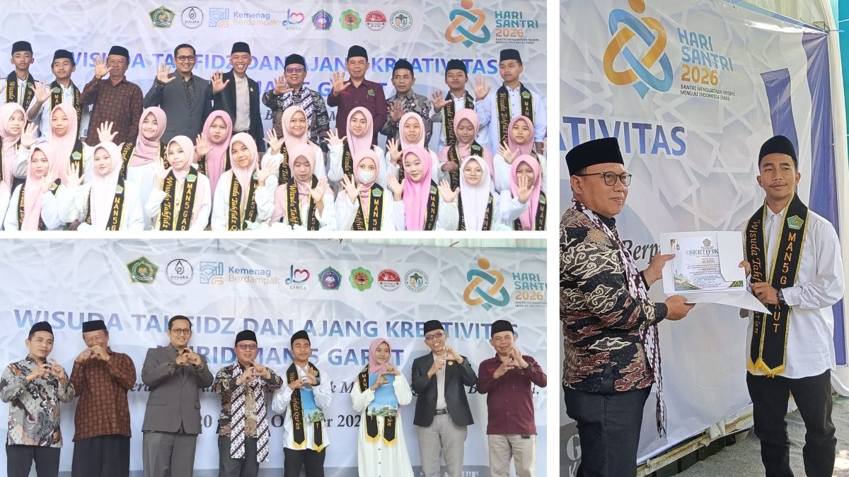 kegiatan wisuda tahfidz dan peluncuran buku karya siswa MAN 5 Garut dalam rangka menyambut Bulan Bahasa 2026.